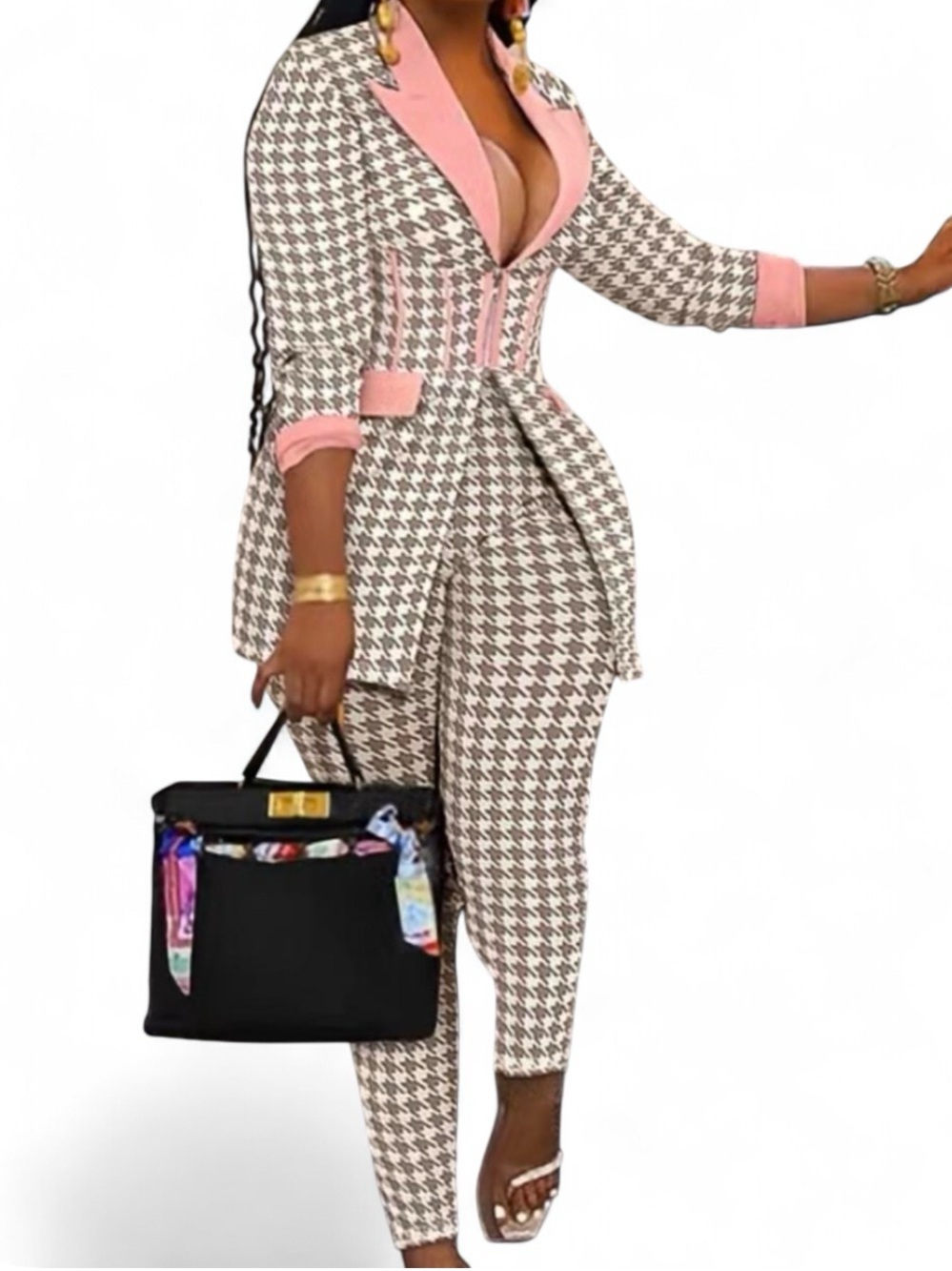 Beige Houndstooth Pantsuit with Pink Trim